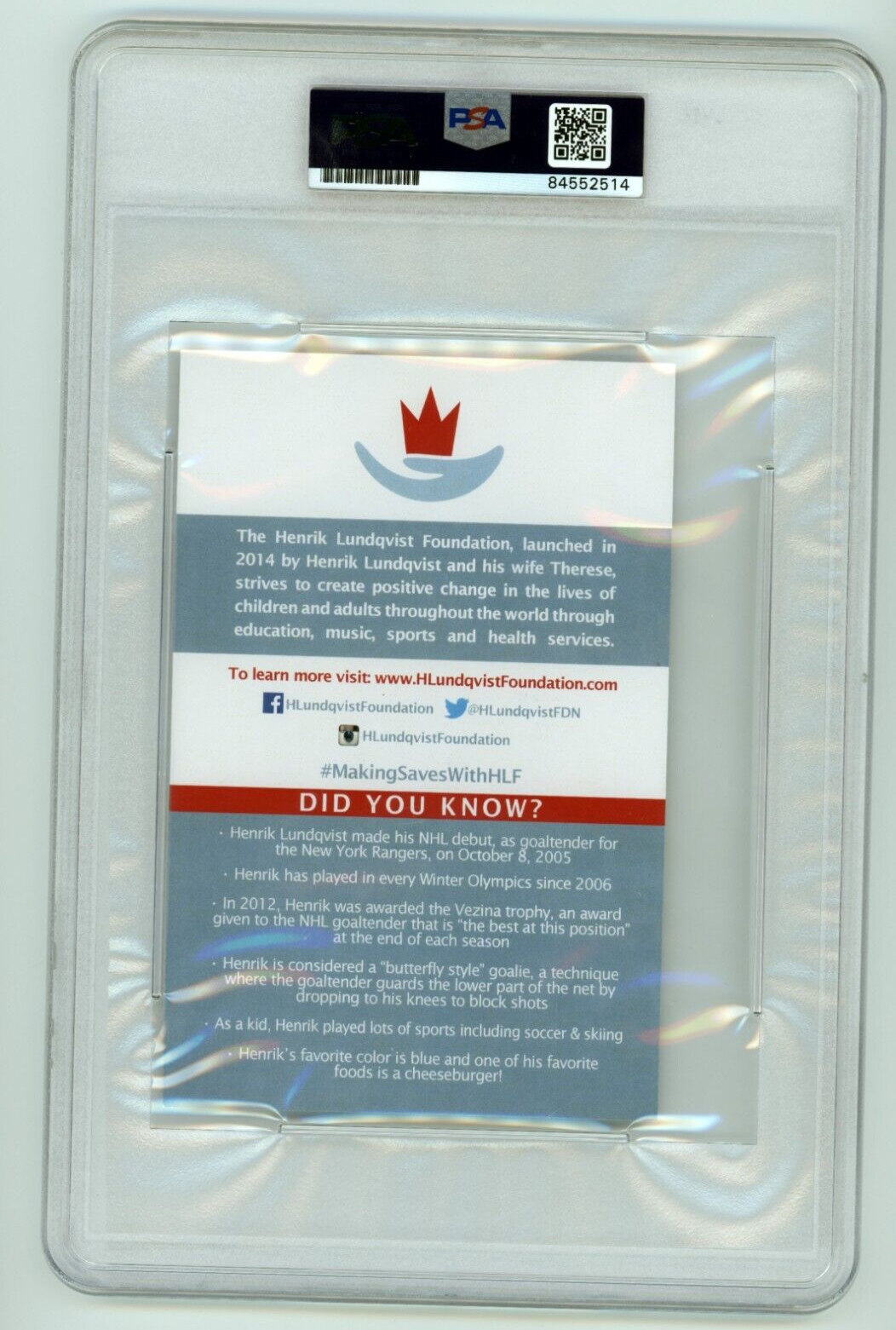 Henrik Lundqvist Signed Foundation Print PSA DNA Authentic Auto NY Rangers A1