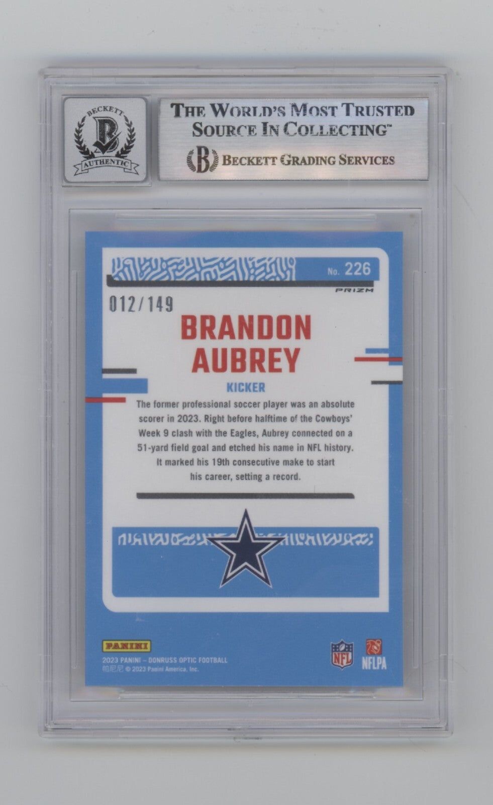 Brandon Aubrey 2023 Donruss Optic Flex RC /149 Signed Butter Beckett BGS 10 Auto1