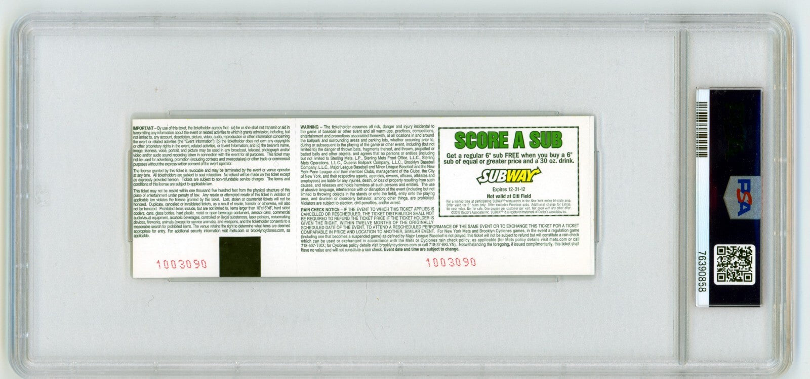 Johan Santana Josh Thole Signed Mets 1st No-Hitter Ticket w/ 2 Insc. PSA 10 Auto1