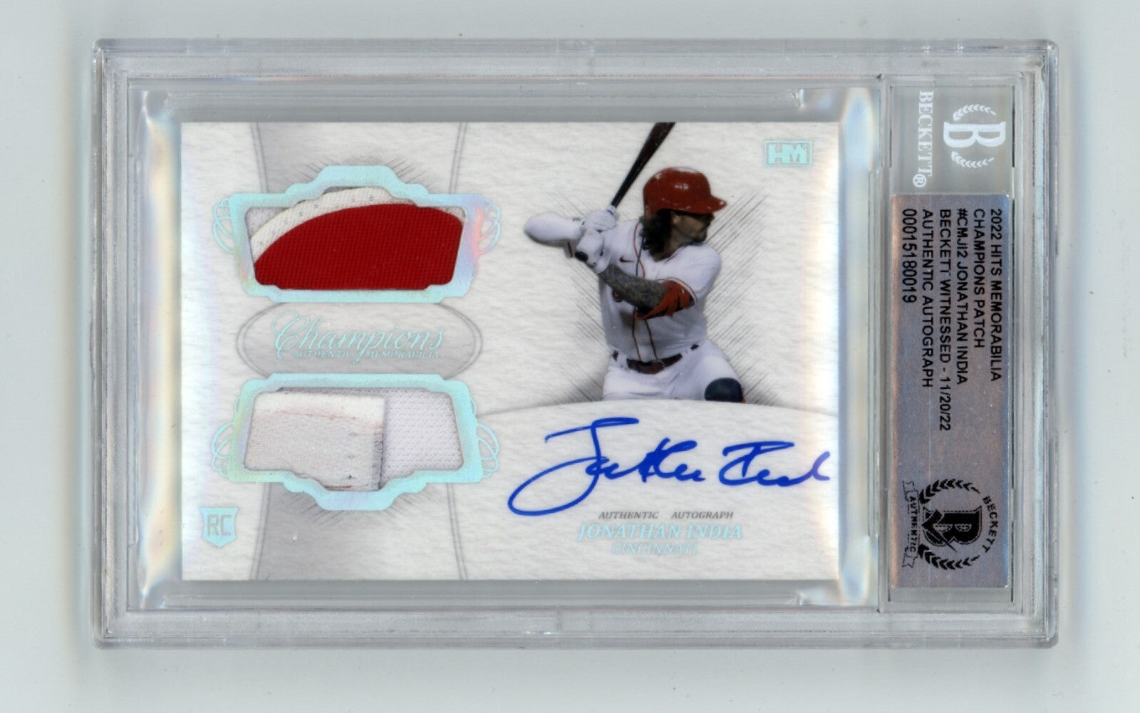 Jonathan India 2021 Hits Memorabilia Champions Patch Dual Auto RC #6/10 BGS BAS0