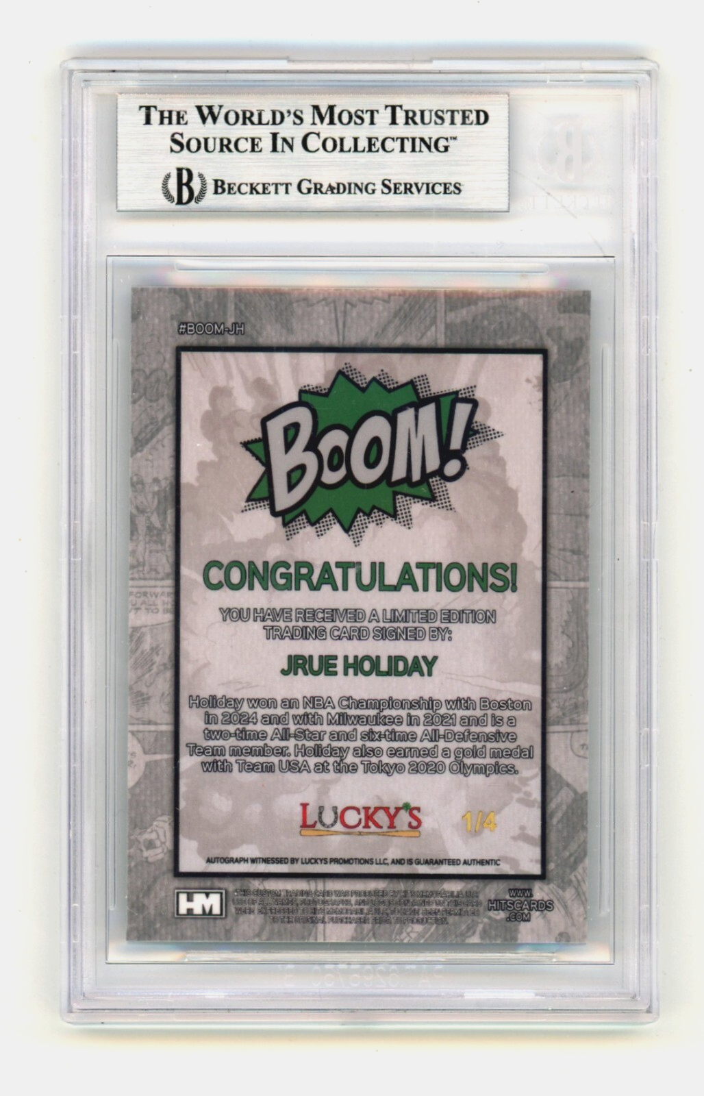 Jrue Holiday 2024 Hits Memorabilia BOOM Green /4 Signed BGS BAS Auto Boston1