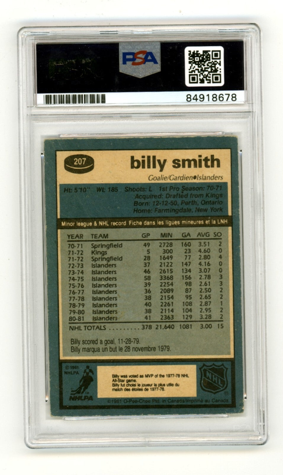 Billy Smith 1981-82 O-Pee-Chee OPC #207 Signed PSA Authentic Black Auto NYI HOF1