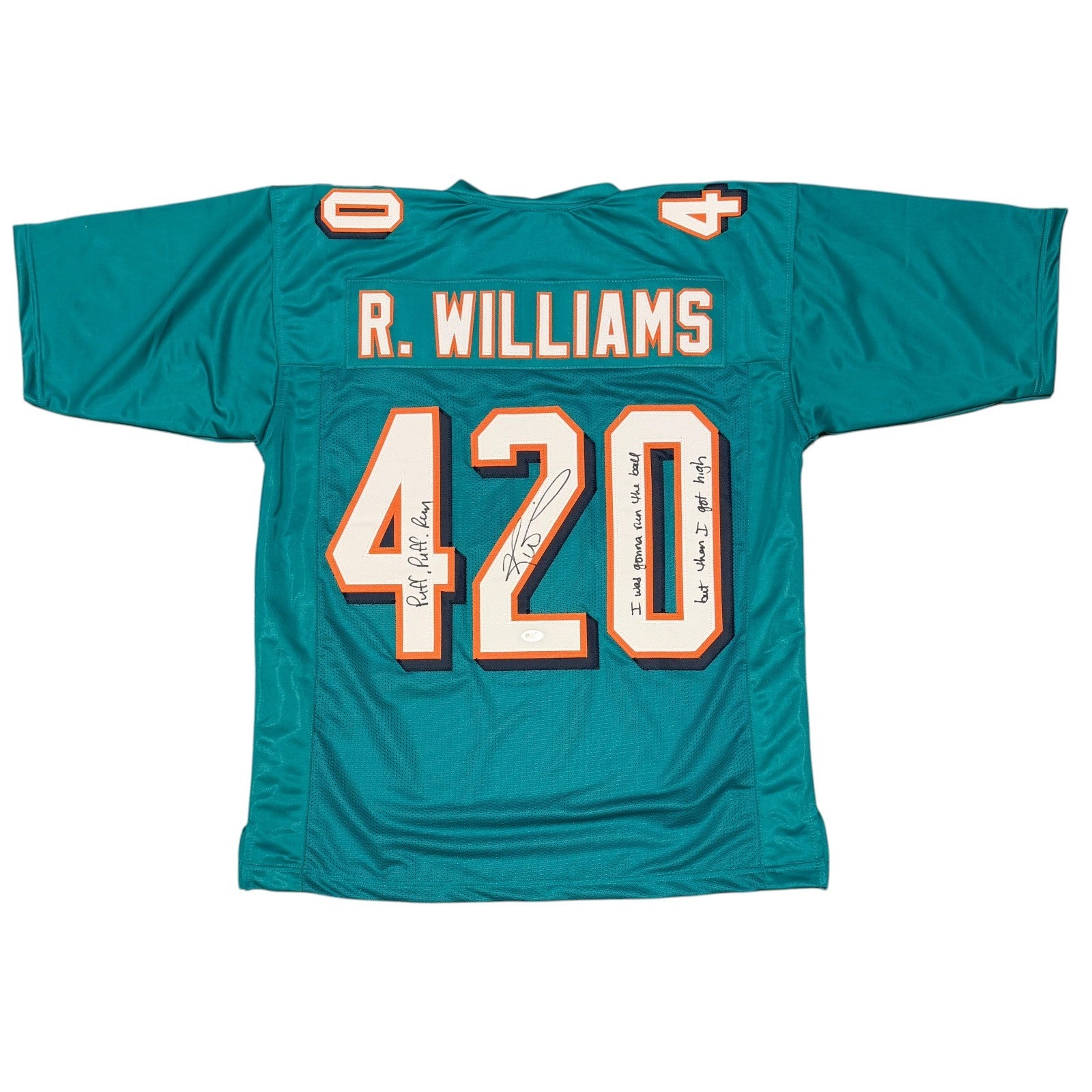 Ricky Williams Signed Dolphins 420 Custom Jersey w/ Weed Inscs JSA Witness COA0