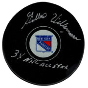 Gilles Villemure Signed New York Rangers Logo Puck w/ 3x NHL All Star PSA COA0