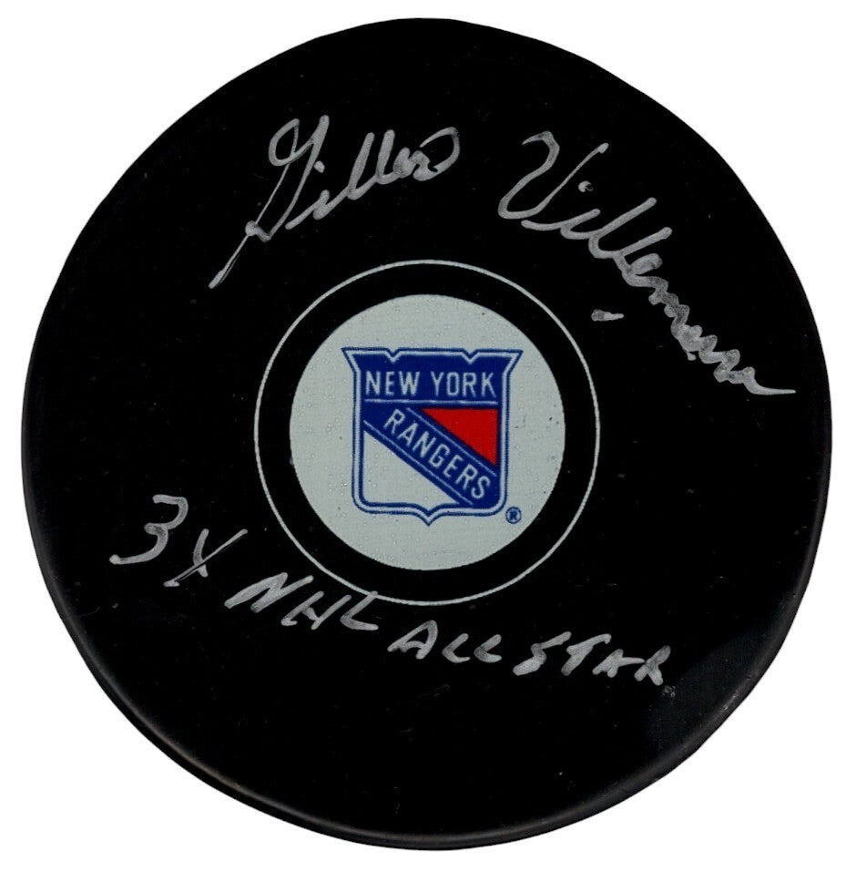 Gilles Villemure Signed New York Rangers Logo Puck w/ 3x NHL All Star PSA COA0