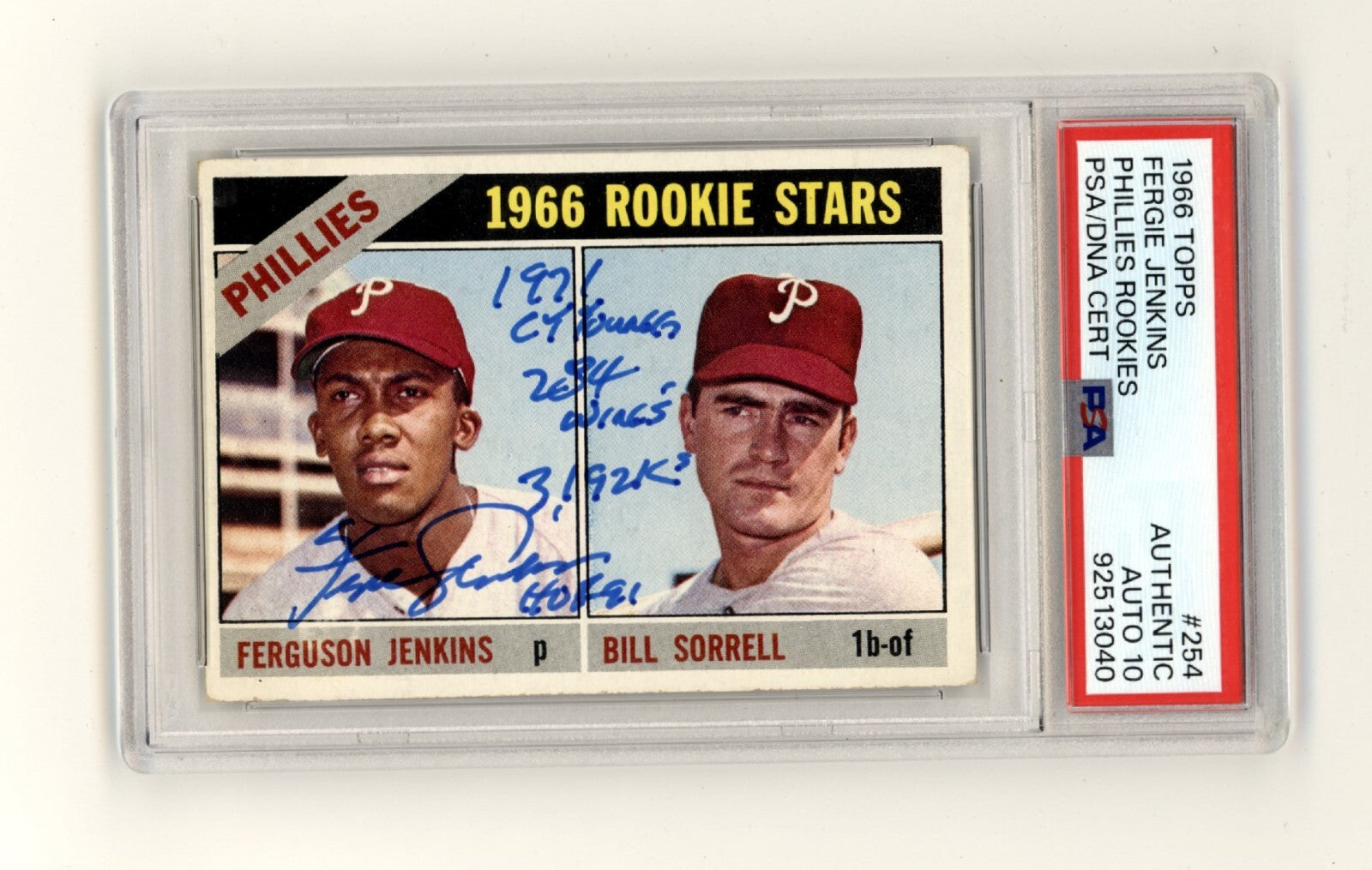 Fergie Jenkins 1966 Topps #254 Rookie RC w/ 4 Insc. Signed PSA 10 Auto HOF0