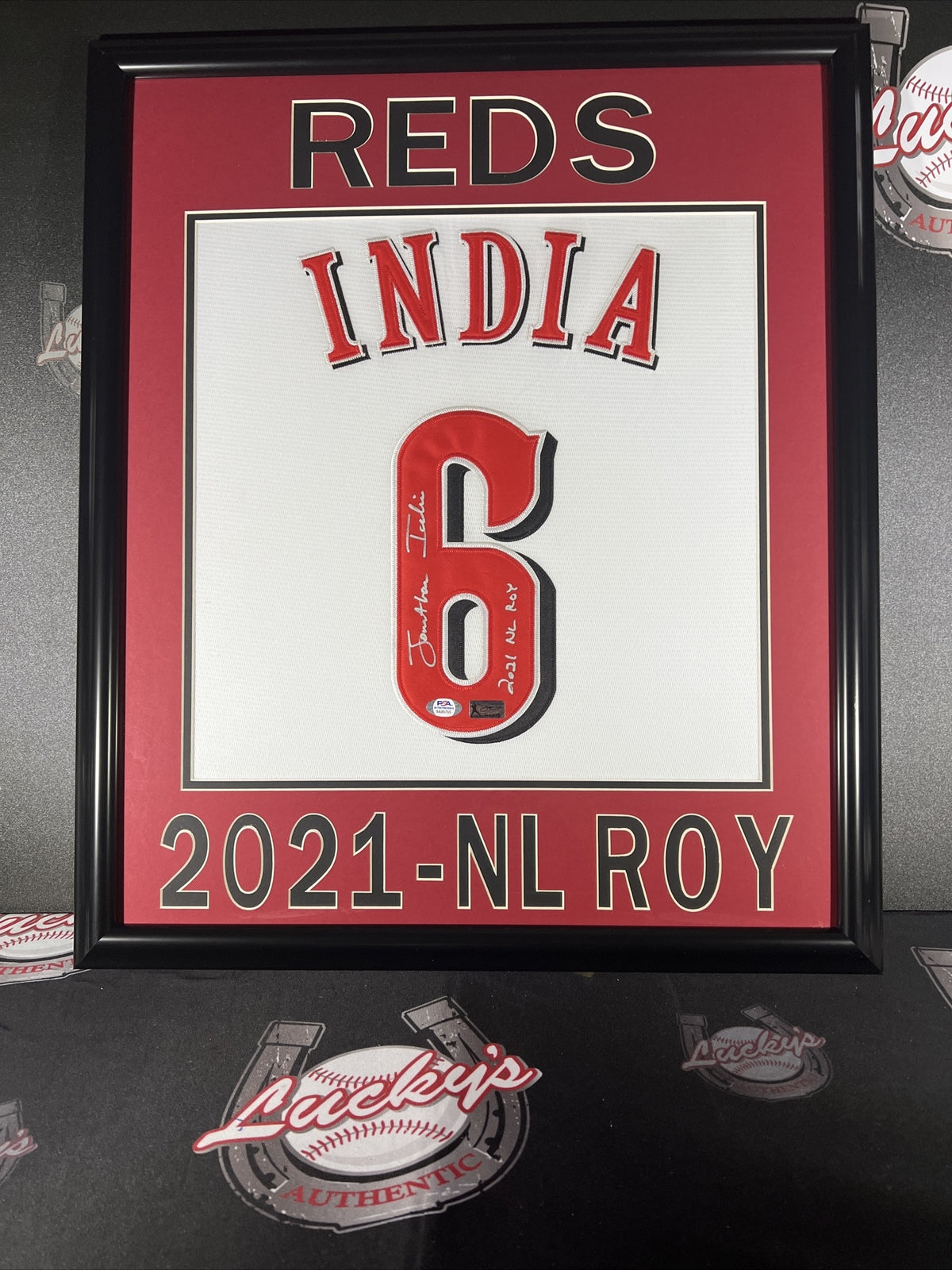Jonathan India Signed Framed White Custom Jersey w/ 2021 NL ROY PSA COA0