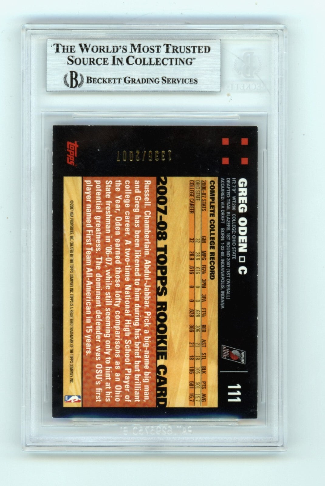 Greg Oden 2007-08 Topps #111 Gold 1335/2007 RC Signed #1 Pick Insc BGS BAS Auto1
