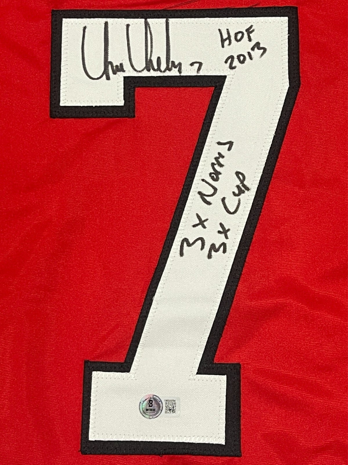 Chris Chelios Signed Blackhawks Custom Jersey w/ 3x Ins Beckett Wit BAS COA1