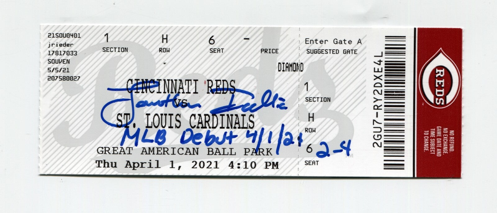 Jonathan India Signed Auto MLB Debut Ticket 4/1/2021 JSA W COA & Exclusive HOLO0