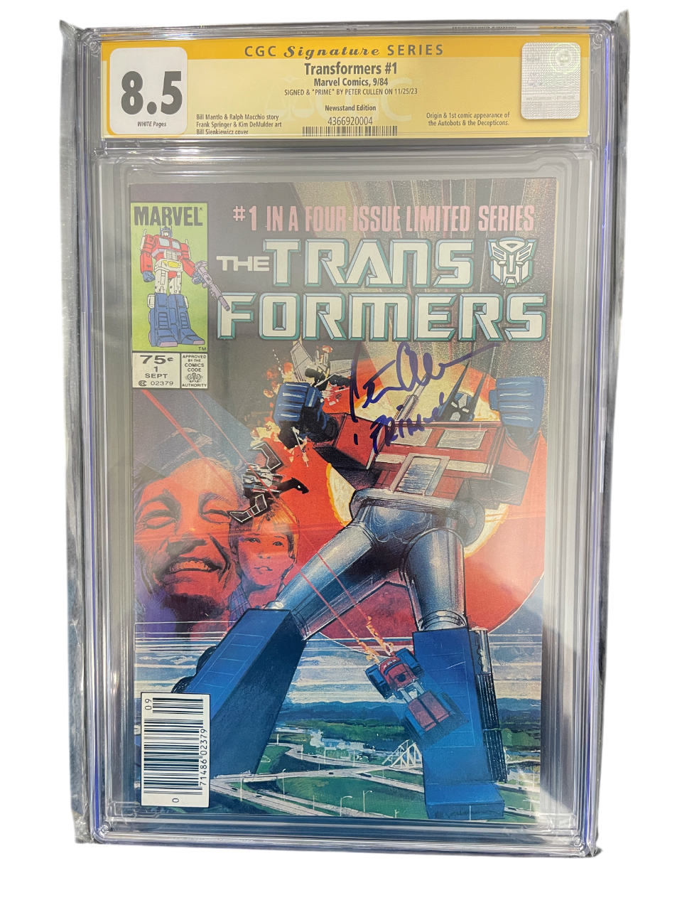 Peter Cullen Signed Marvel Transformers 1 September 1984 Newsstand CGC 8.5 Prime0
