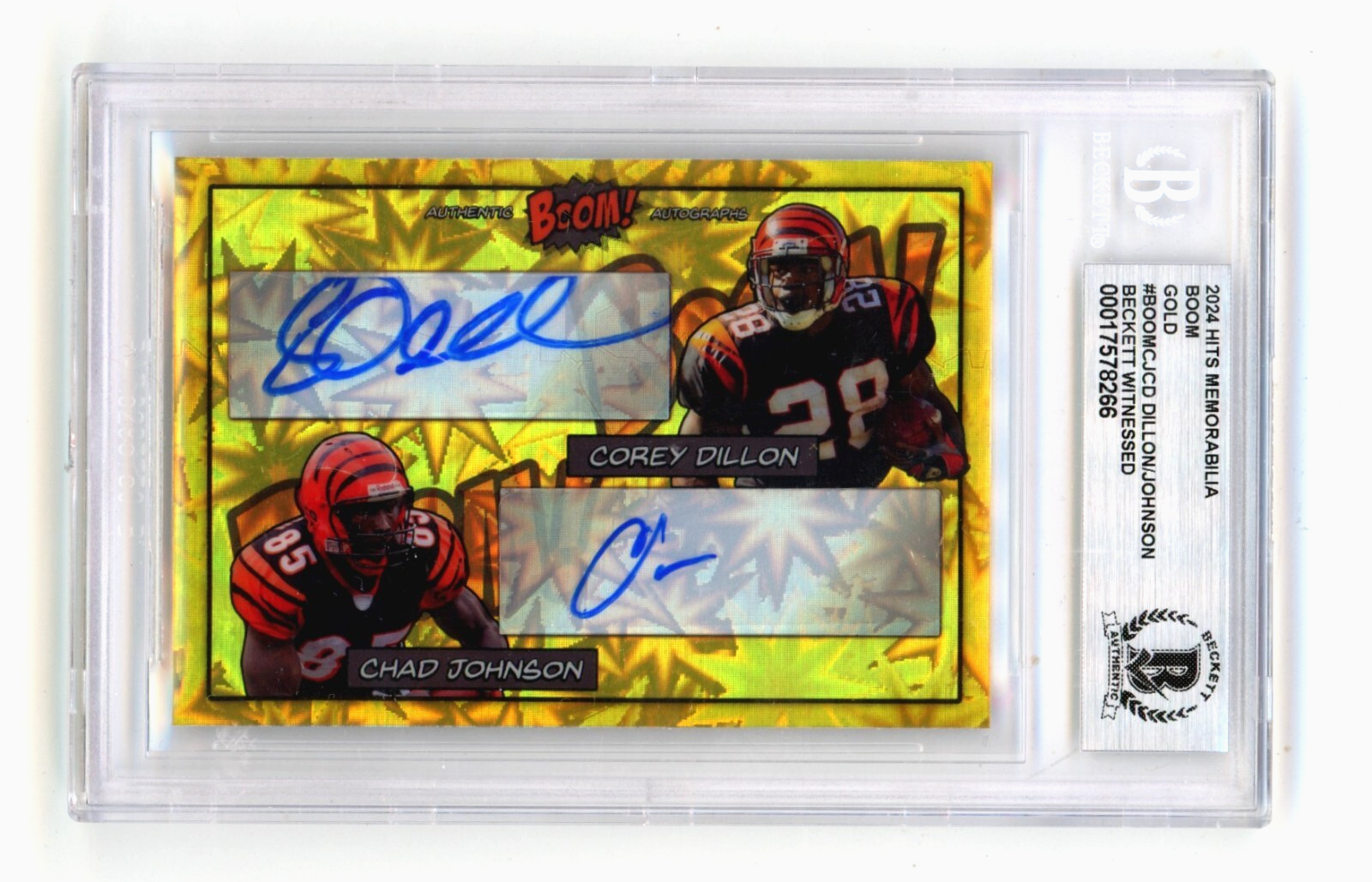 Corey Dillon & Chad Johnson 2024 Hits Memorabilia BOOM Gold #/10 Signed BGS Auto0