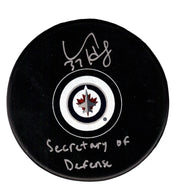 Connor Hellebuyck Signed Jets Logo Puck Secretary of Defense Insc. Fanatics COA0