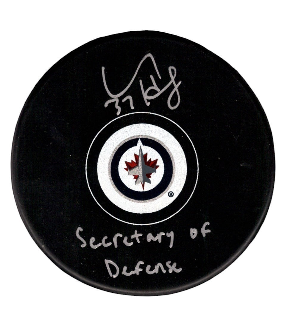 Connor Hellebuyck Signed Jets Logo Puck Secretary of Defense Insc. Fanatics COA0