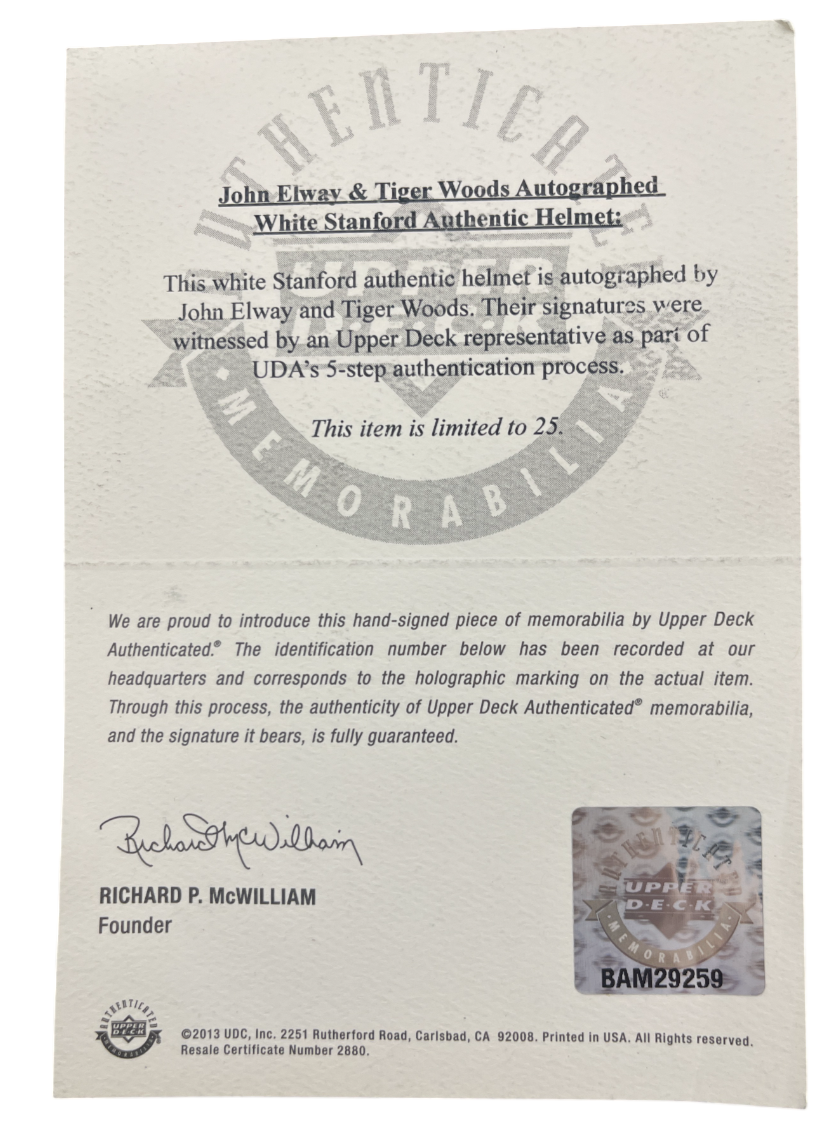 John Elway Tiger Woods Signed Stanford Full Size Helmet 25/25 Upper Deck UDA COA5