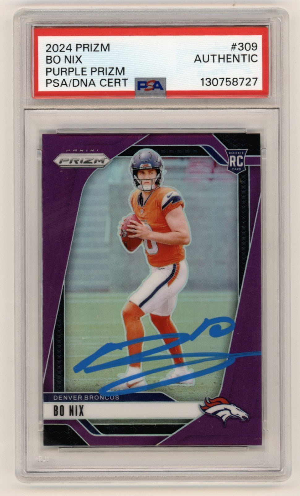 Bo Nix 2024 Panini Prizm Purple Prizm Signed Rookie RC JERSEY # 10/125 PSA Auto0