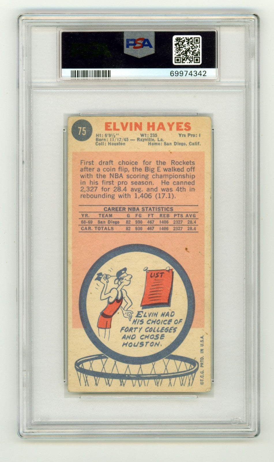 Elvin Hayes 1969-70 Topps 98 Tall Boy Rookie RC 2 Insc Signed Auto PSA 2 10 Auto1