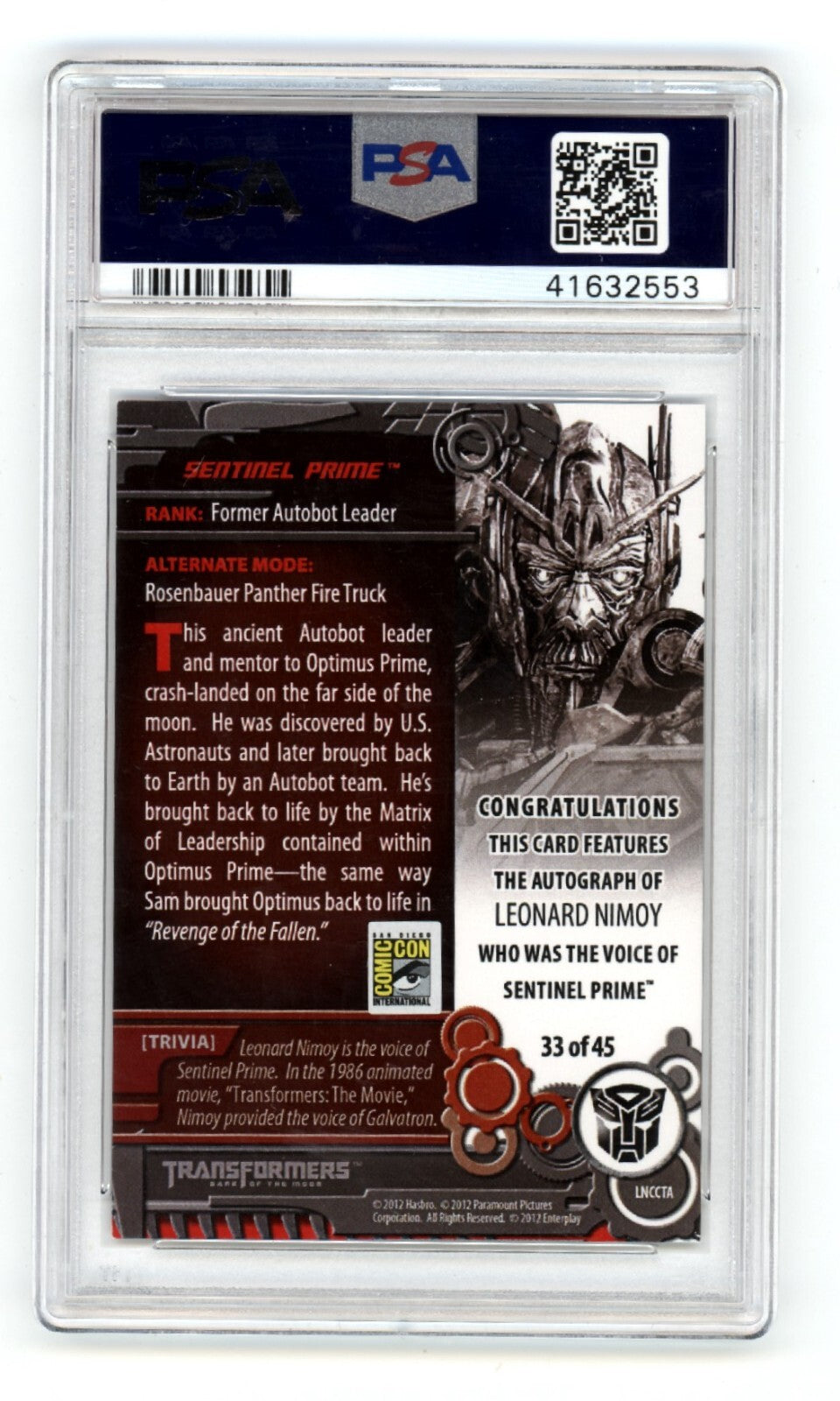 Leonard Nimoy 2012 Transformers San Diego Comic Con Blue Ink SP Auto 33/45 PSA 91