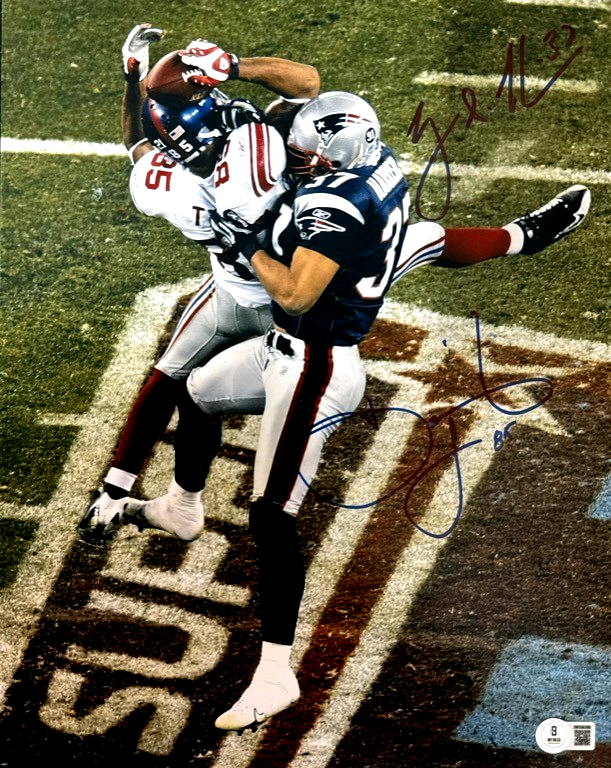 David Tyree & Rodney Harrison Dual Signed 11x14 Photo Beckett Witness BAS COA0