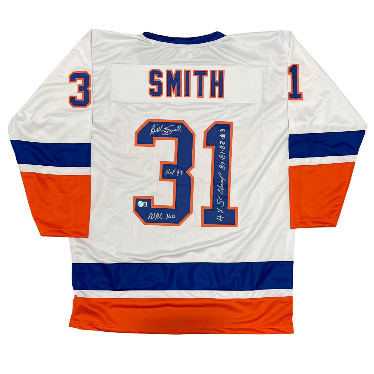 Billy Smith Signed New York Islanders Custom Jersey w/ 3 Ins Beckett Wit BAS COA0