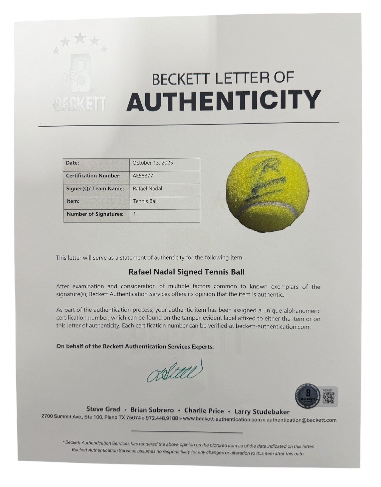Rafael Nadal Signed Autographed PENN Tennis Ball Beckett BAS COA A2