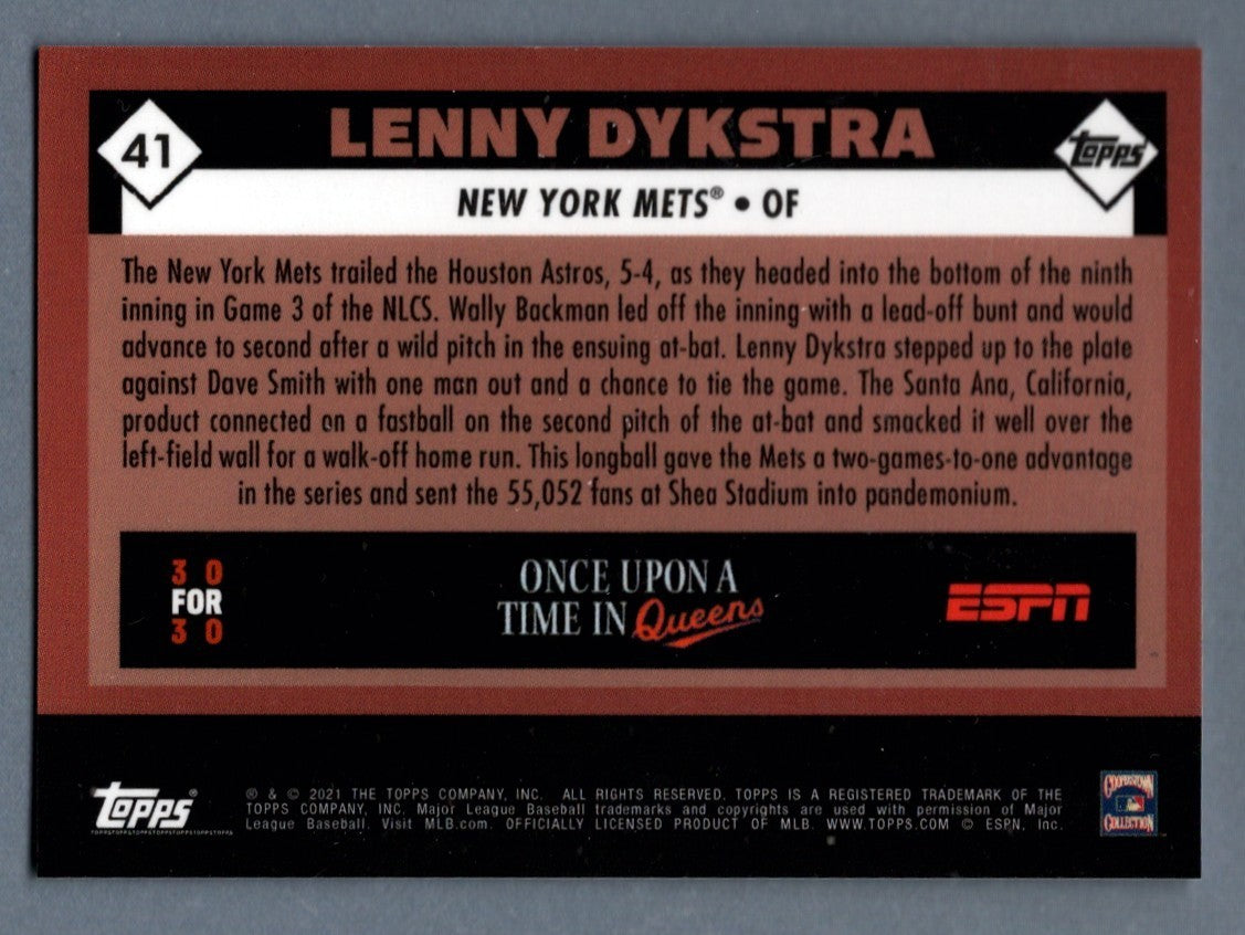 Lenny Dykstra Signed 2021 Topps Once Upon a Time in Queens #41 B/W LSCM COA1