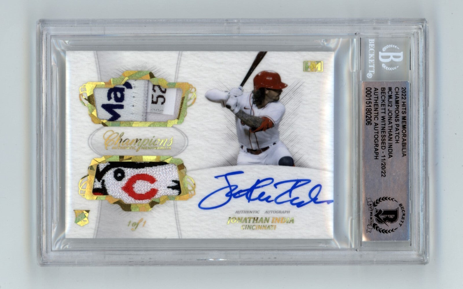 Jonathan India 2021 Hits Memorabilia Champions Gold Patch Dual Auto #1/1 RC BGS0