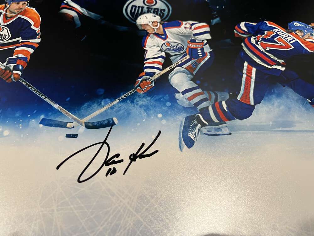 Wayne Gretzky Paul Coffey Jari Kurri Triple Signed Auto 36x18 Photo UDA COA3