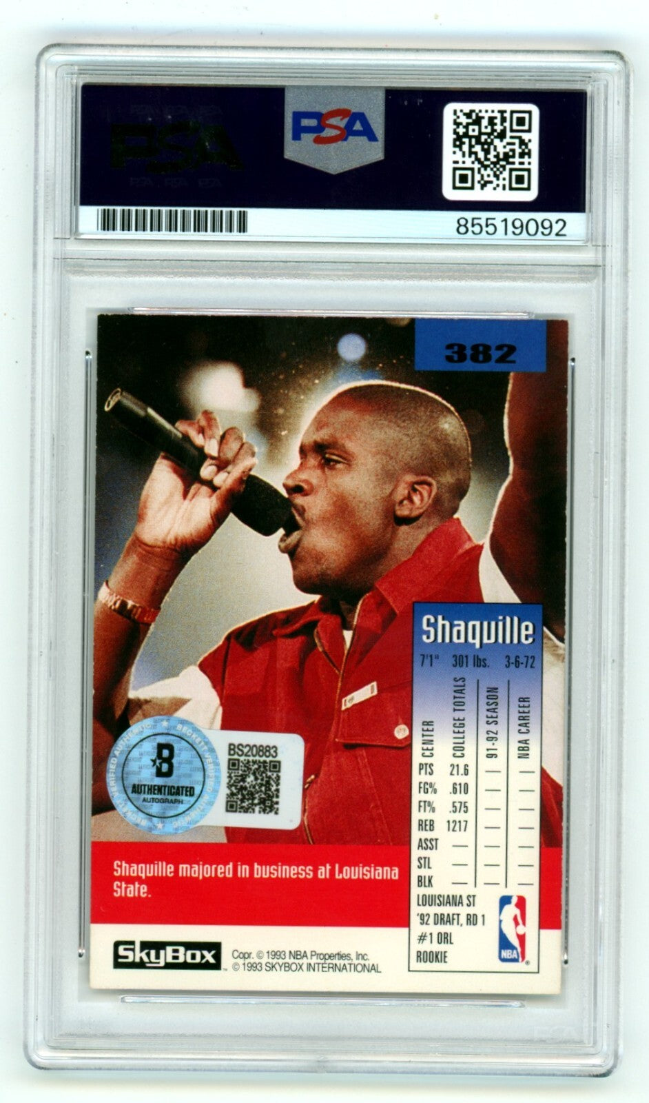 Shaquille O'Neal 1992-93 Skybox #382 Rookie RC Signed PSA 9 Auto BAS Magic Shaq1