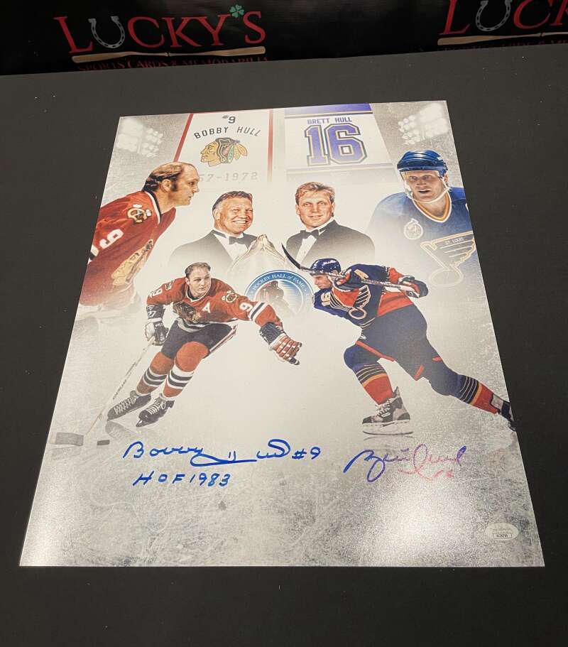 Bobby & Brett Hull Dual Signed Autographed 16x20 Photo w/ HOF Insc JSA COA0