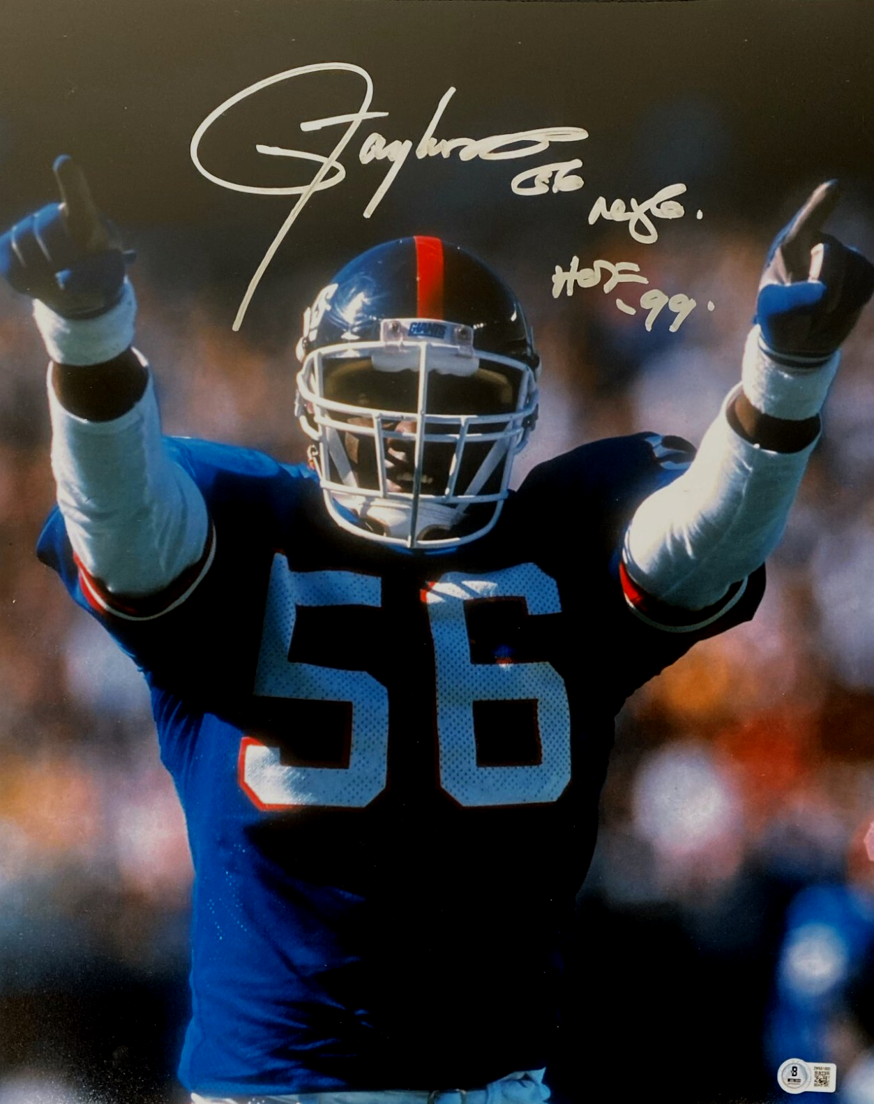 Lawrence Taylor Signed NY Giants 16x20 Photo w/ NYG + HOF 99 Beckett Wit BAS COA0