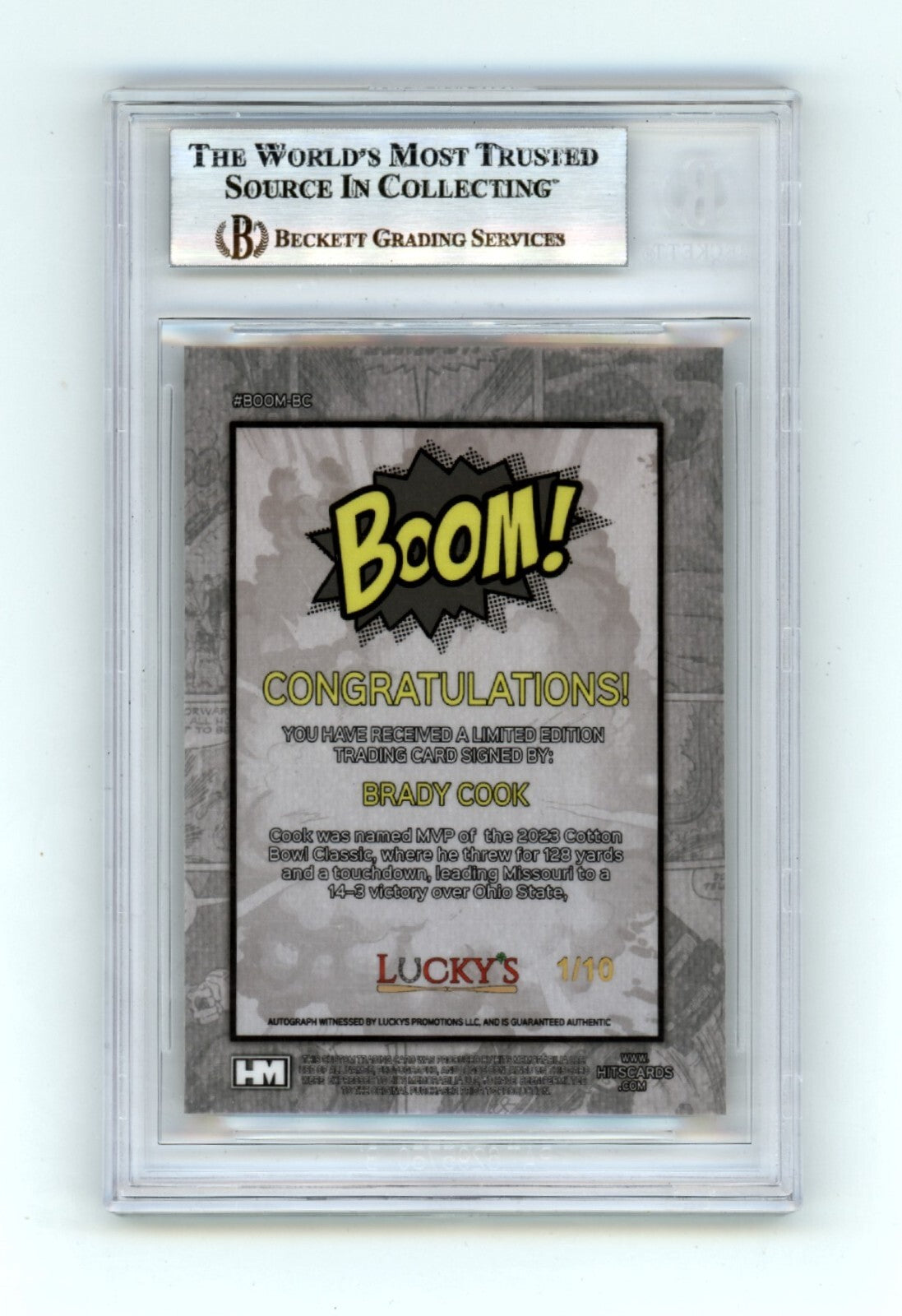 Brady Cook 2024 Hits Memorabilia BOOM Gold #/10 Signed BGS BAS Auto Missouri1