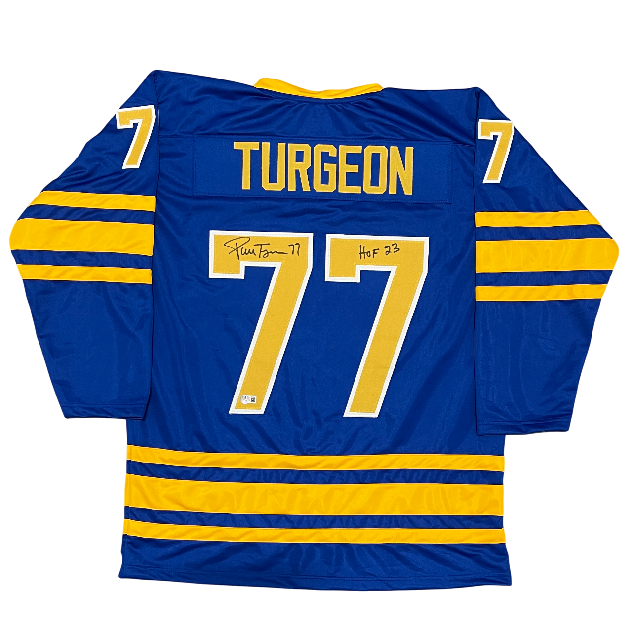 Pierre Turgeon Signed Sabers Custom Jersey w/ HOF 23 Beckett Witness BAS COA0