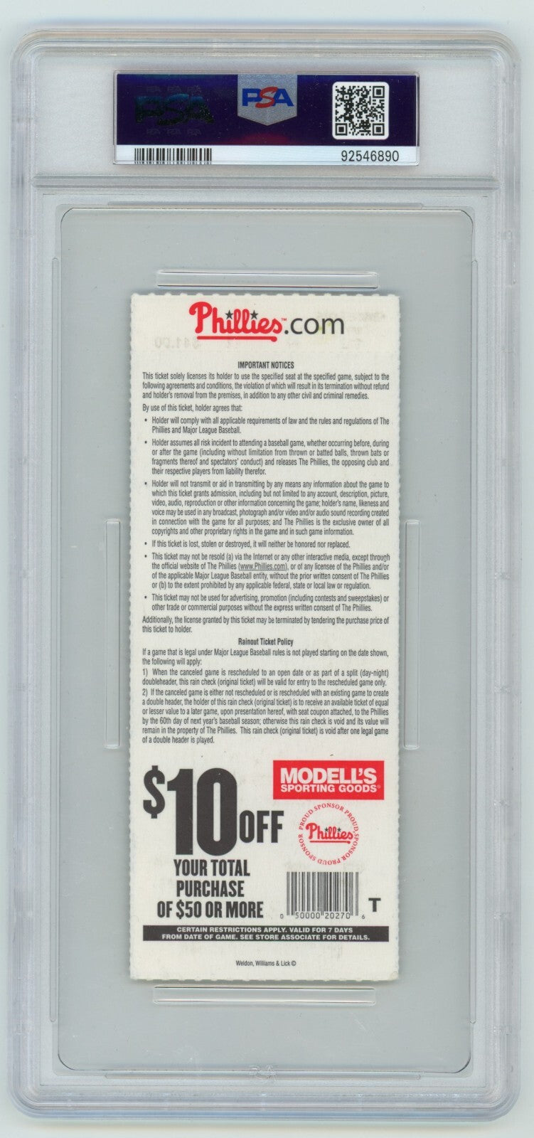 Craig Kimbrel Signed MLB Debut & 1st Strikeout Season Ticket PSA 10 Auto Braves1