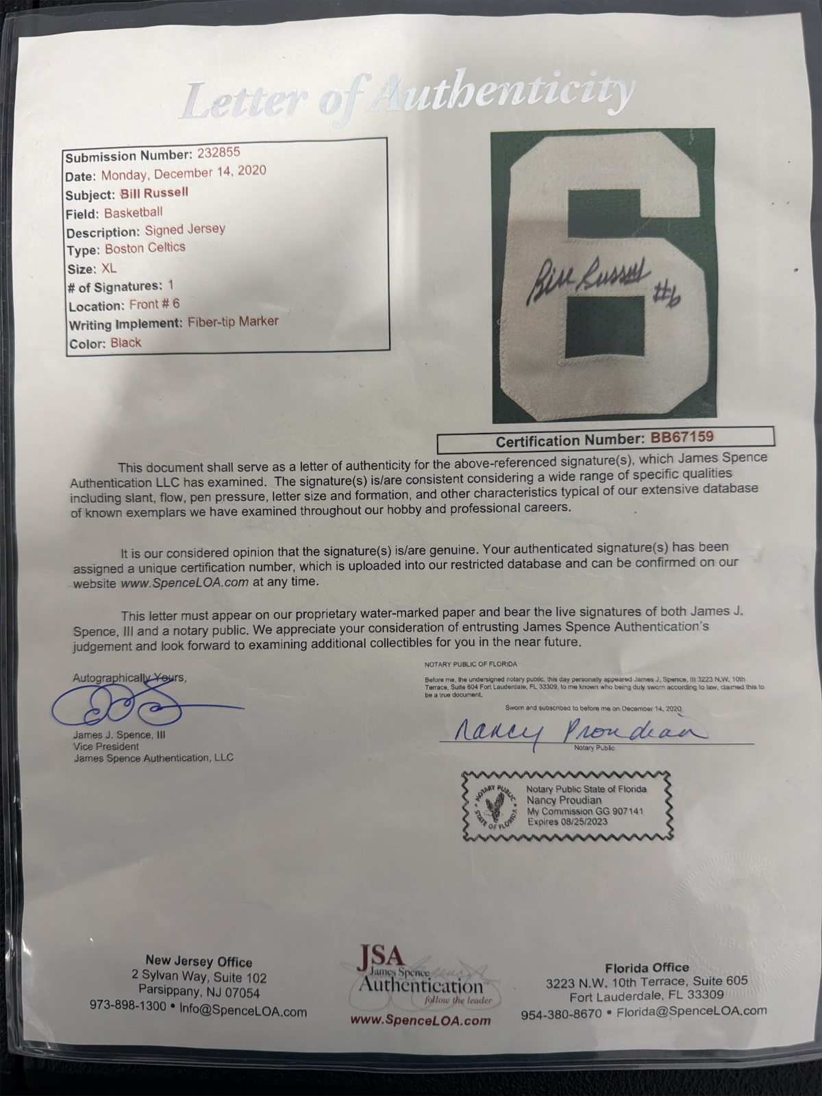 Bill Russell Signed Autographed w/ #6 Insc. Boston Celtics Custom Jersey JSA LOA3