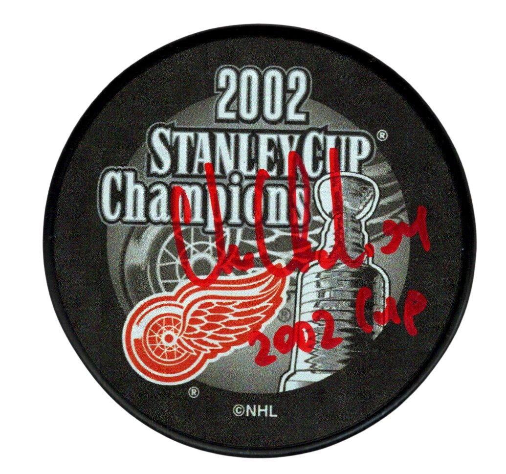 Chris Chelios Signed Auto 2002 Stanley Cup Puck w/ 2002 Cup Beckett BAS COA0