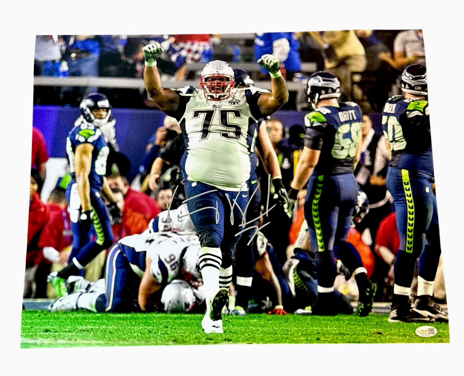 Vince Wilfork Signed New England Patriots 16x20 Super Bowl Photo JSA Witness COA0