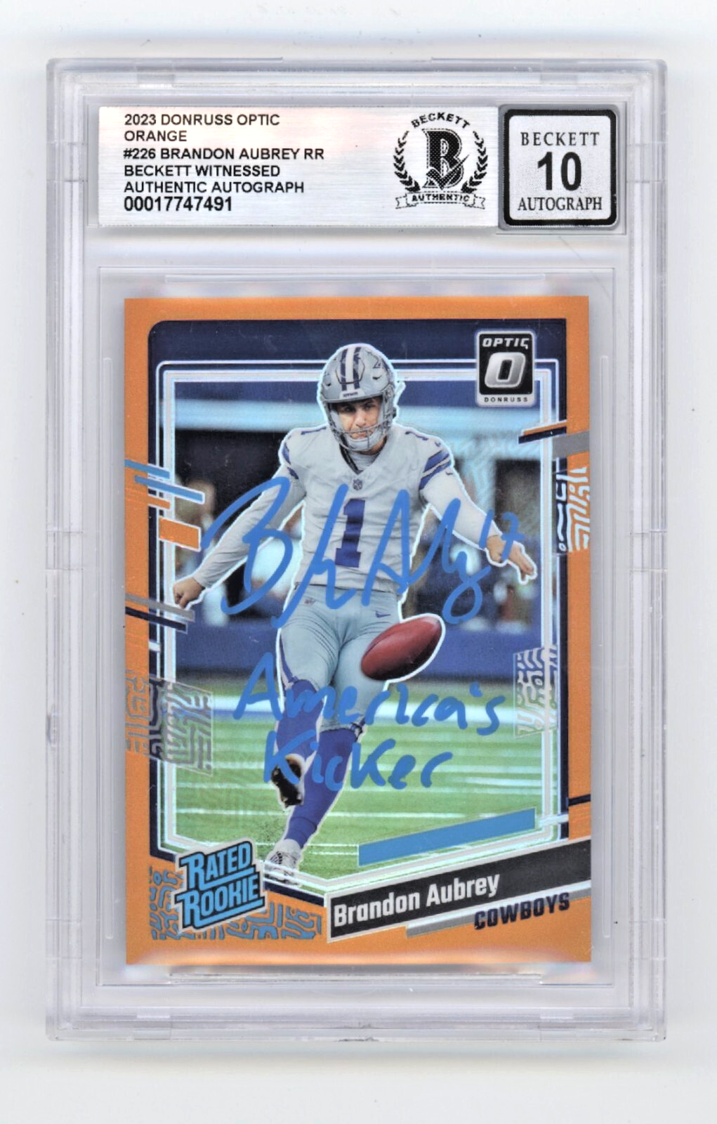 Brandon Aubrey 2023 Donruss Optic Orange RC /249 Signed Insc Beckett BGS 10 Auto0