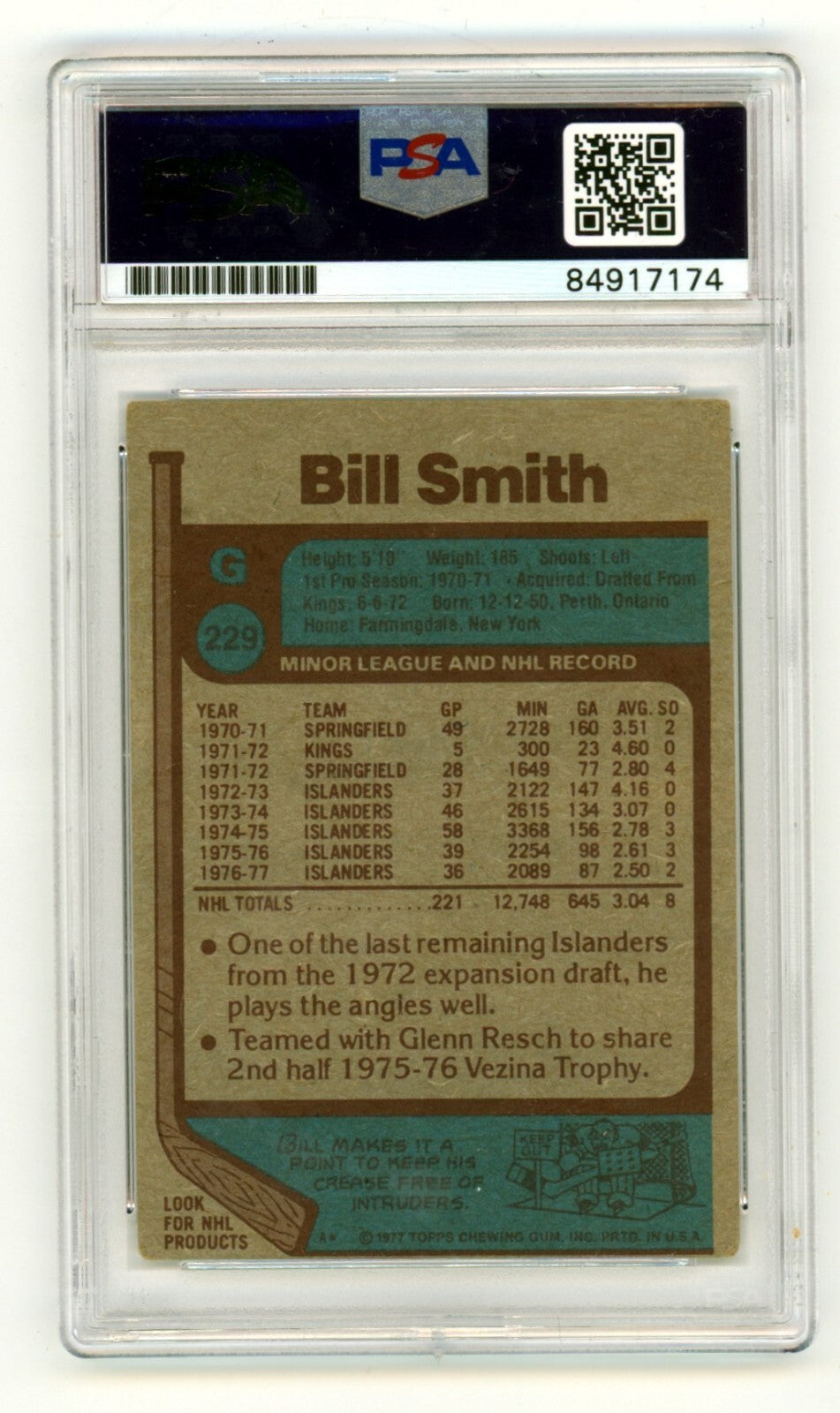 Billy Smith 1977-78 Topps #229 Signed PSA Authentic Blue Auto Islanders HOF1