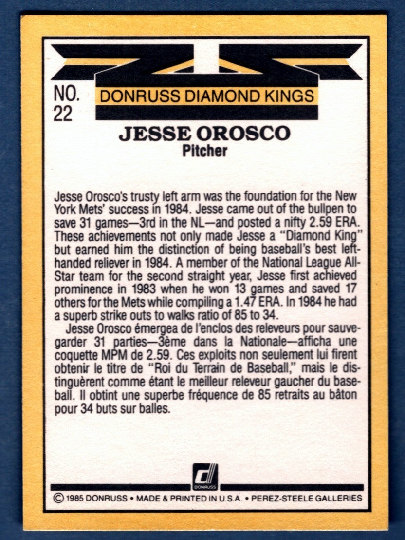 Jesse Orosco Signed 1985 Donruss Diamond Kings #22 LSCM COA New York Mets1