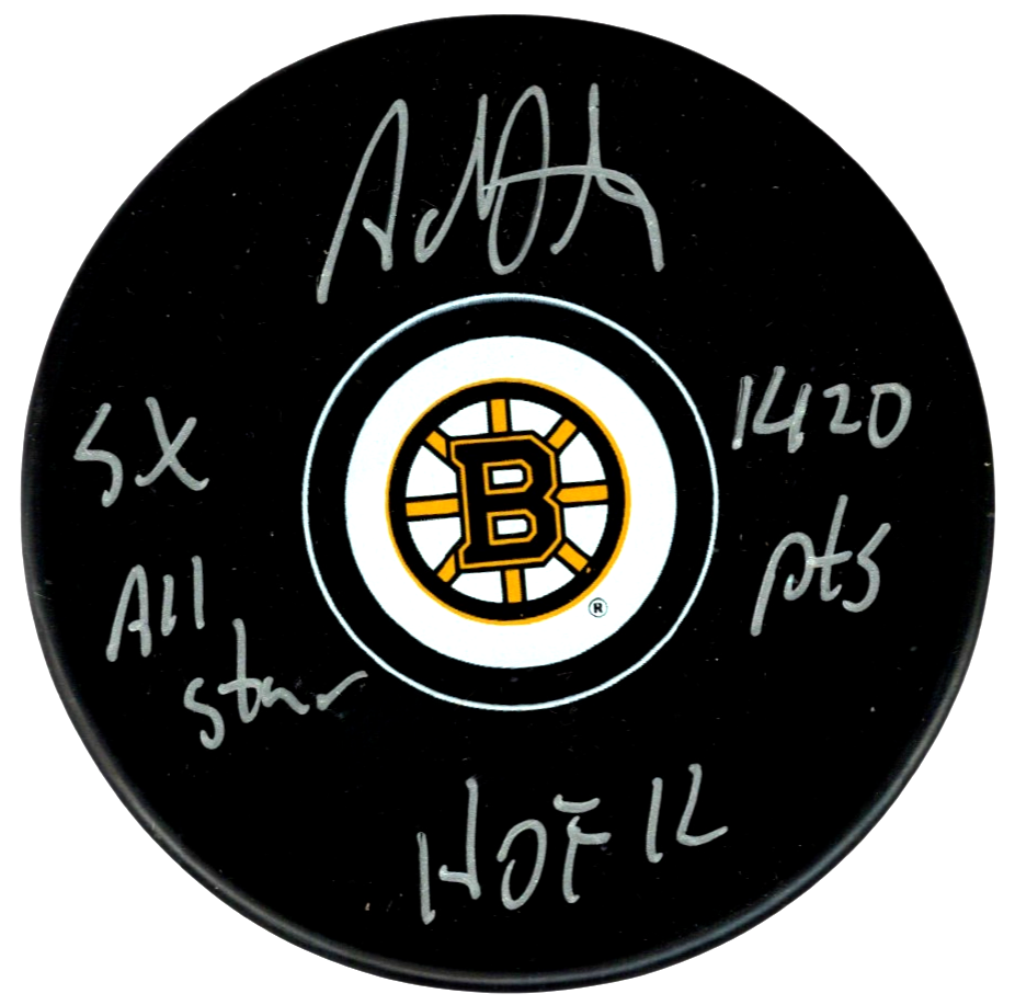 Adam Oates Signed Boston Bruins Puck w/ 3 Insc Beckett Witness BAS COA0