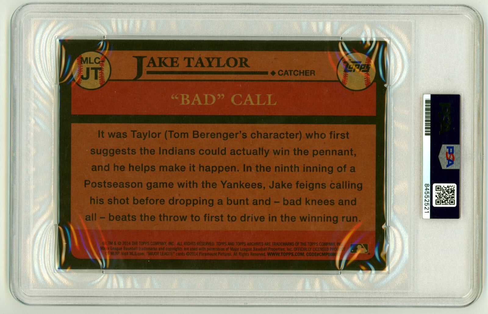 Tom Berenger 2014 Topps Archives Oversized Major League Jake Ins Signed Auto PSA1