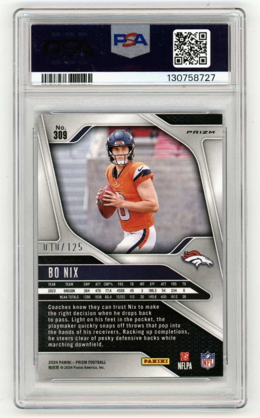 Bo Nix 2024 Panini Prizm Purple Prizm Signed Rookie RC JERSEY # 10/125 PSA Auto1