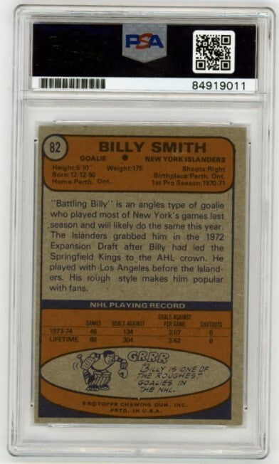 Billy Smith 1974-75 Topps #82 Signed PSA Authentic Auto Black Ink Islanders1