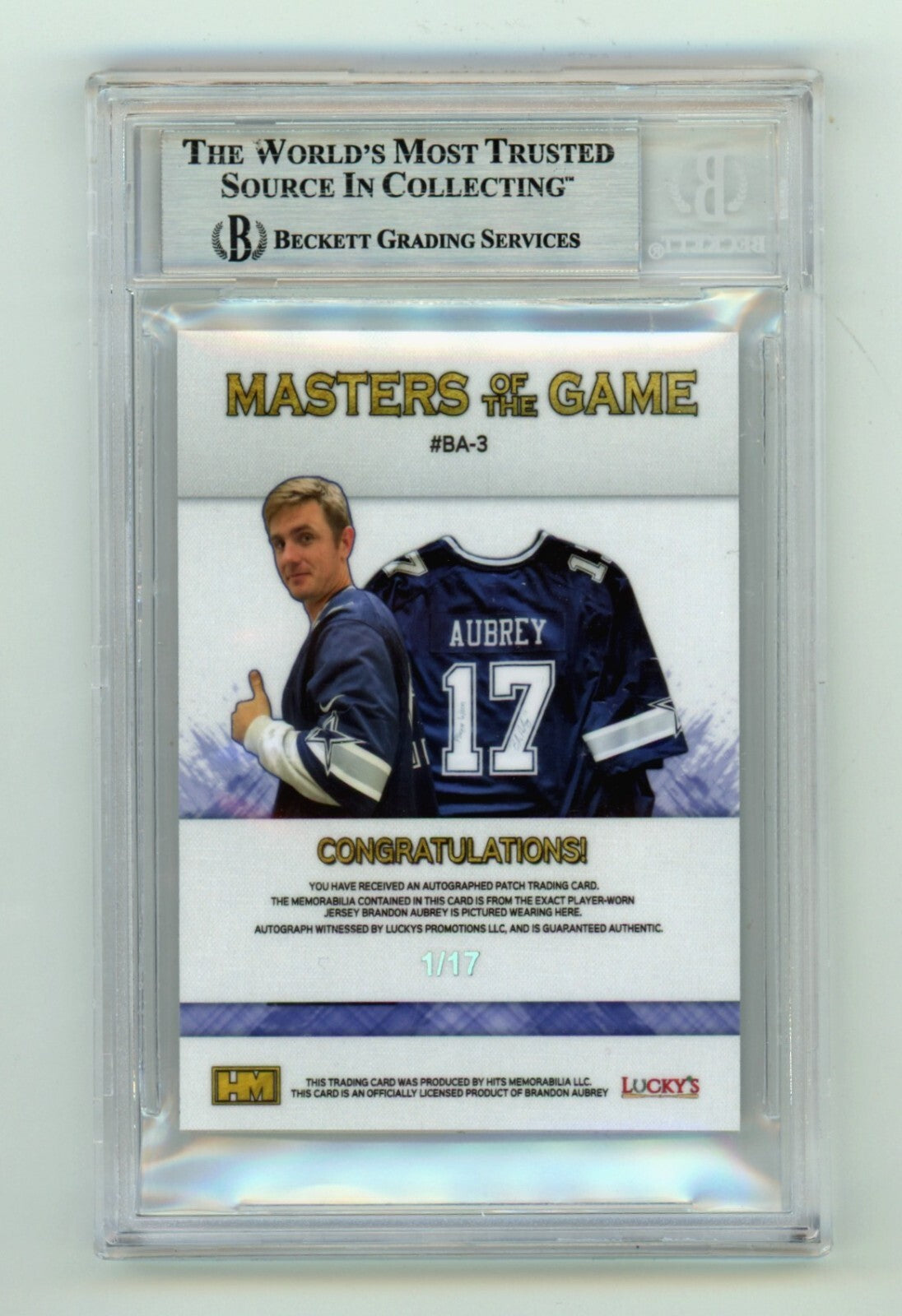 Brandon Aubrey 2023 Hits Memorabilia Silver V RPA Dual Patch Auto RC /17 BGS BAS4