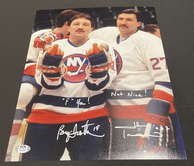 Bryan Trottier & John Tonelli Dual Signed 11x14 Photo Middle Finger FU PSA COA0