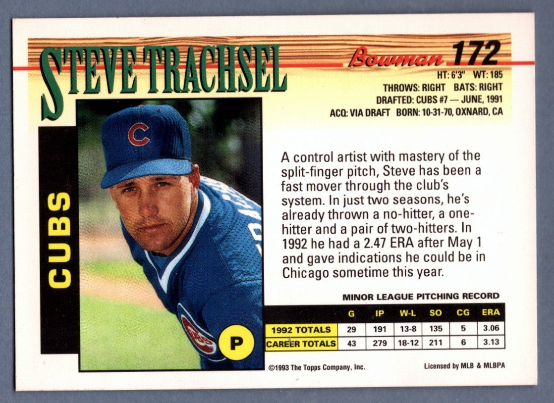Steve Trachsel Signed 1993 Bowman #172 Rookie RC LSCM COA Chicago Cubs1