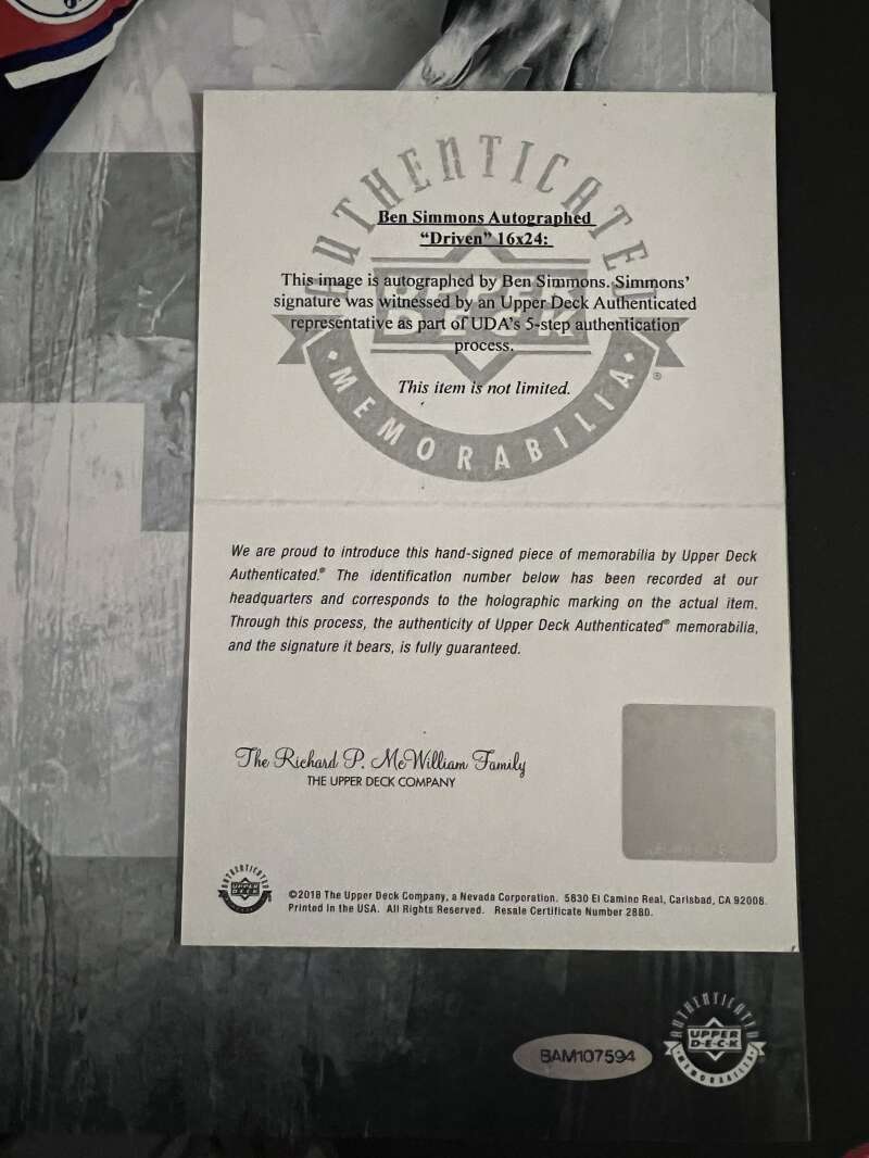 Ben Simmons Signed 16x24 Photo Driven Upper Deck UDA COA 76ers Red Ink2