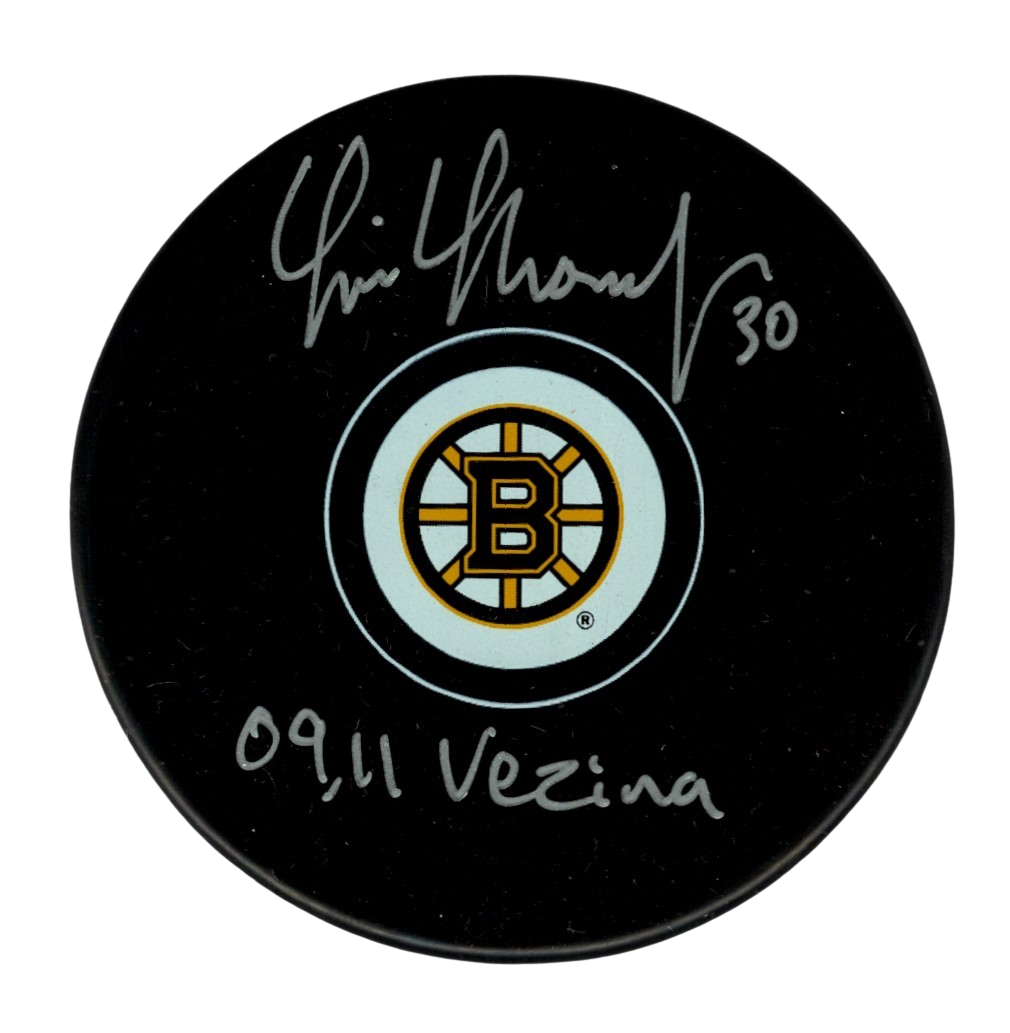 Tim Thomas Signed Auto Boston Bruins Puck w/ 09 , 11 Vezina Beckett Wit. BAS COA0