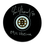 Tim Thomas Signed Auto Boston Bruins Puck w/ 09 , 11 Vezina Beckett Wit. BAS COA0
